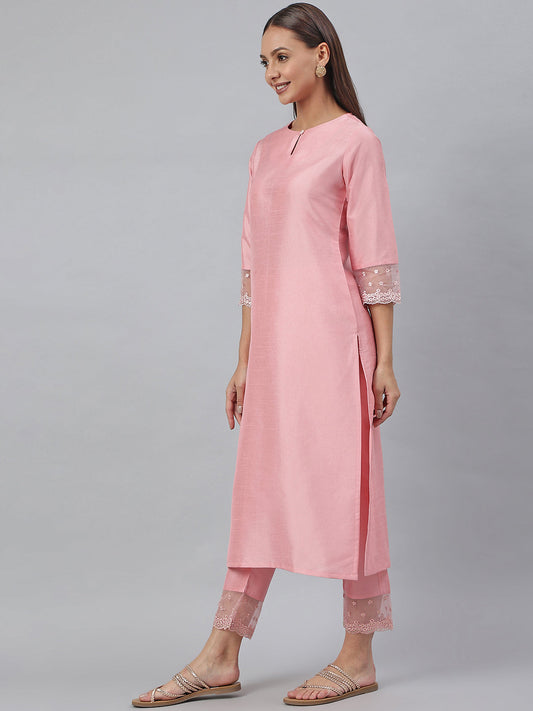 Janasya Pink Poly Silk Solid Set - Swadesiicart