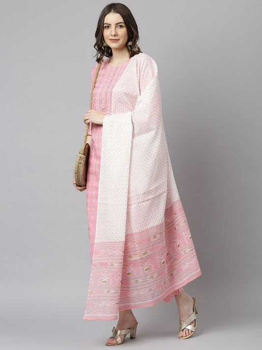 Janasya Women's Light Pink Cotton Gold Print Kurta With Pant And Dupatta | Swadesiicart