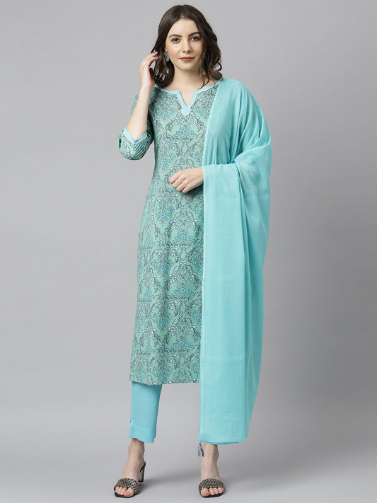 Janasya Women's Sea Green Cotton Floral Print Kurta With Pant And Dupatta | Swadesiicart