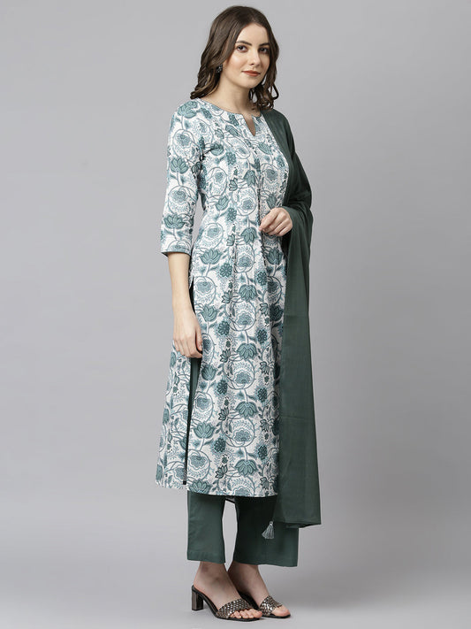 Janasya Women's White Cotton Floral Print Kurta With Palazzo And Dupatta | Swadesiicart