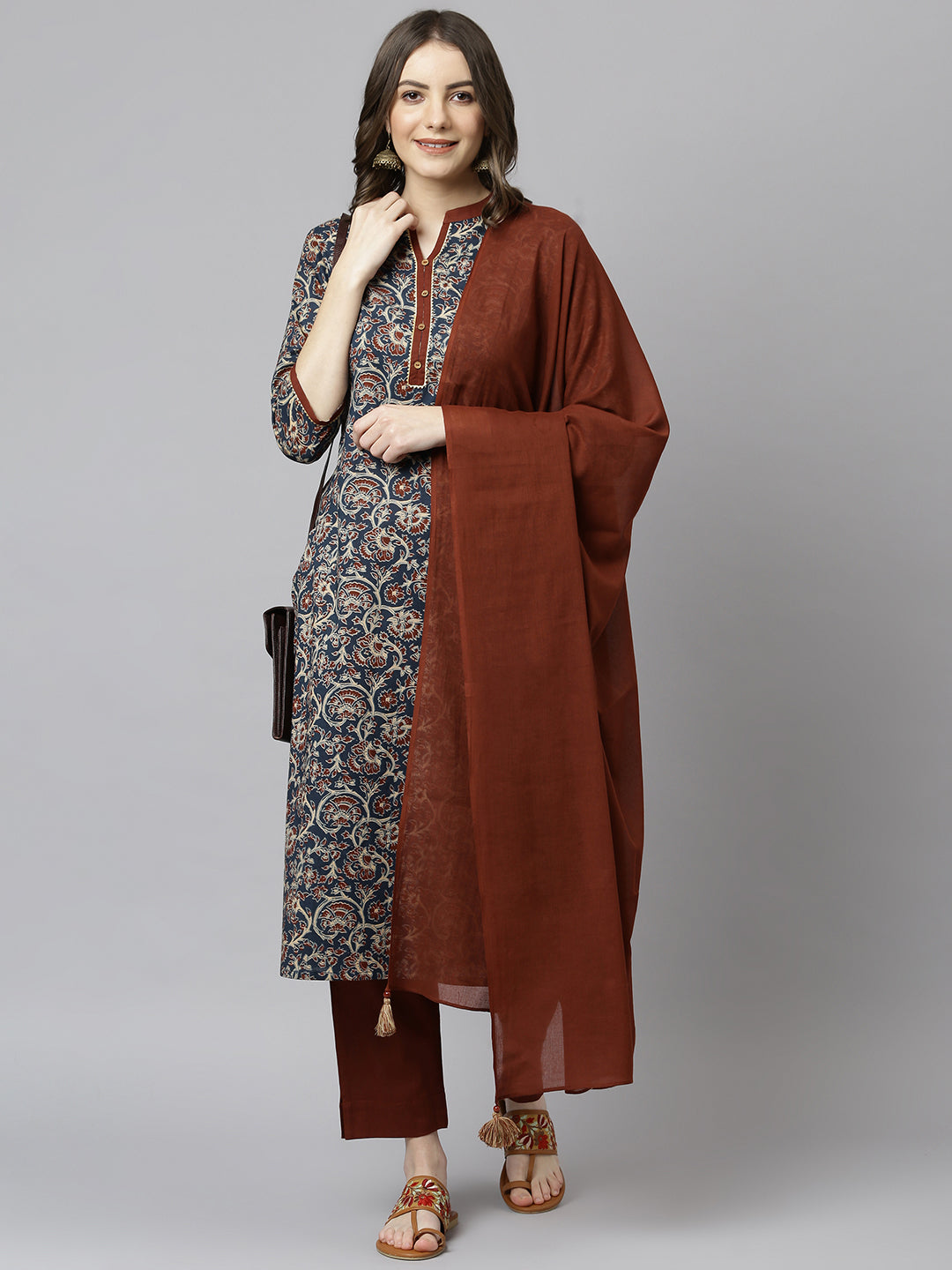 Janasya Women's Teal Blue Cotton Floral Print Kurta With Pant And Dupatta | Swadesiicart