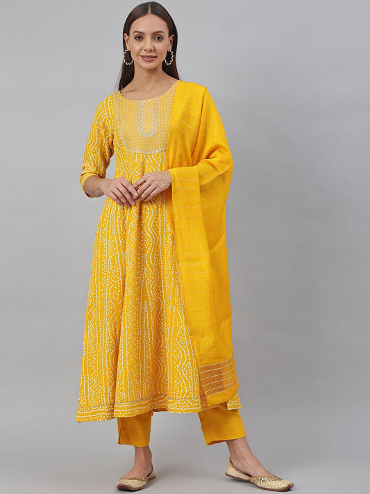 Janasya Women's Yellow Cotton Bandhej Kurta With Pant And Dupatta | Swadesiicart