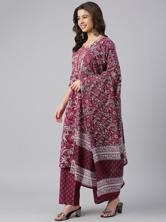 Janasya Women's Wine Cotton Floral Print Kurta With Palazzo And Dupatta | Swadesiicart