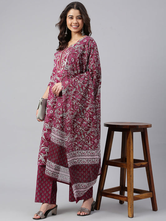 Janasya Women's Wine Cotton Floral Print Kurta With Palazzo And Dupatta | Swadesiicart