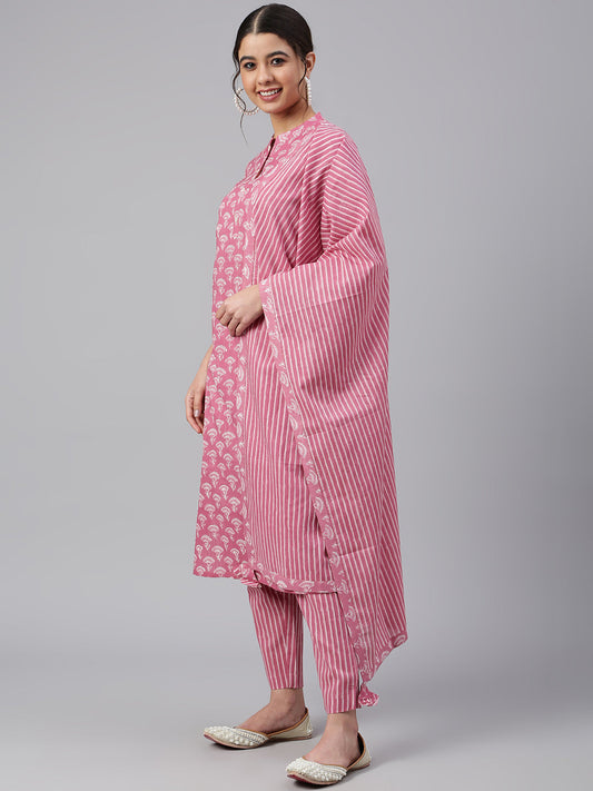 Janasya Women's Mauve Cotton Floral Print Kurta With Pant And Dupatta | Swadesiicart