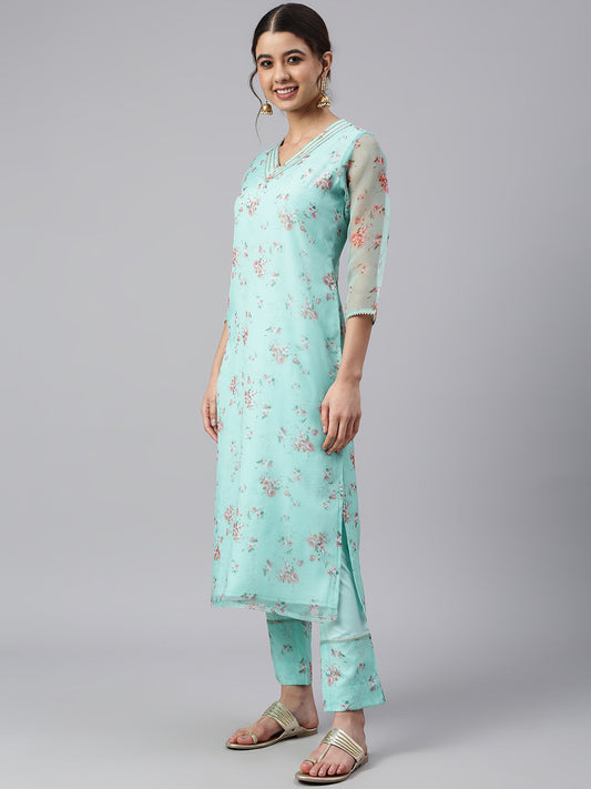 Janasya Women's Sea Green Organza Floral Print Kurta With Pant | Swadesiicart