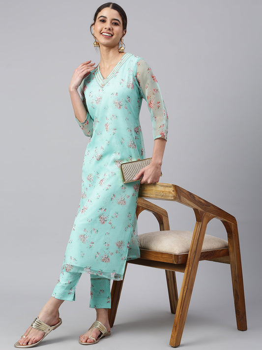 Janasya Women's Sea Green Organza Floral Print Kurta With Pant | Swadesiicart