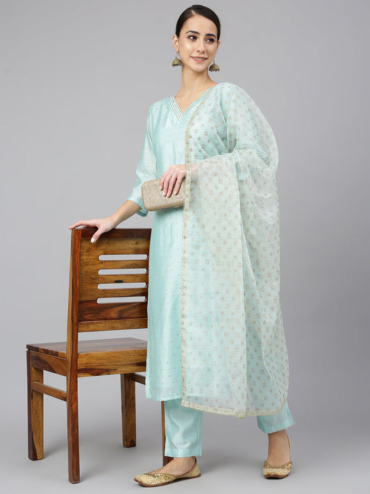 Janasya Women's Sea Green Chanderi Silk Embellished Kurta With Pant And Dupatta | Swadesiicart