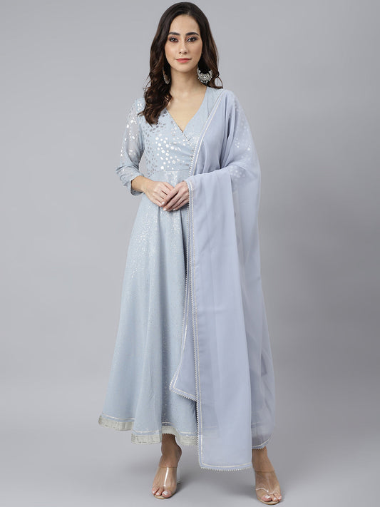 Janasya Women's Grey Georgette Foil Print Kurta With Dupatta | Swadesiicart