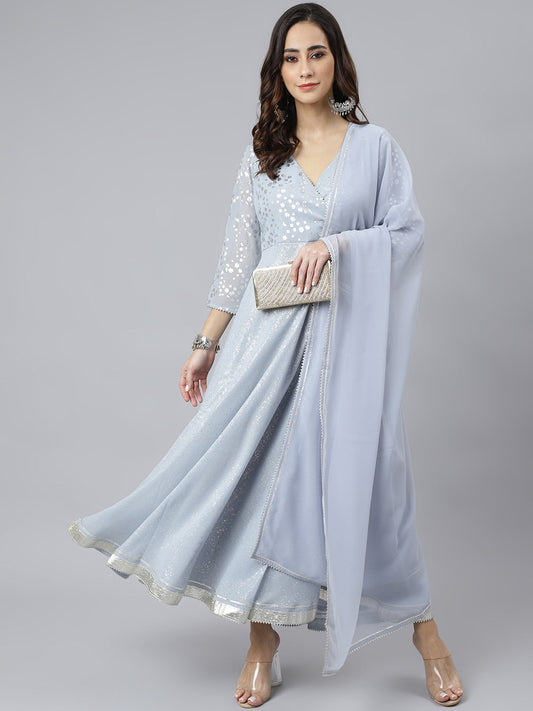Janasya Women's Grey Georgette Foil Print Kurta With Dupatta | Swadesiicart