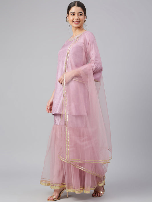 Janasya Women's Mauve Poly Silk Solid Kurta With Gharara And Dupatta | Swadesiicart