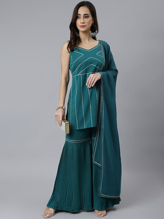 Janasya Women's Teal Green Crepe Gotta Lace Kurta With Sharara And Dupatta | Swadesiicart