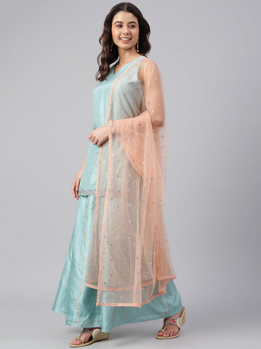 Janasya Women's Sea Green Poly Silk Embroidered Kurta With Sharara And Dupatta | Swadesiicart
