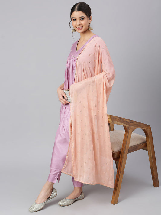 Janasya Women's Mauve Poly Silk Solid Kurta With Pant And Dupatta | Swadesiicart