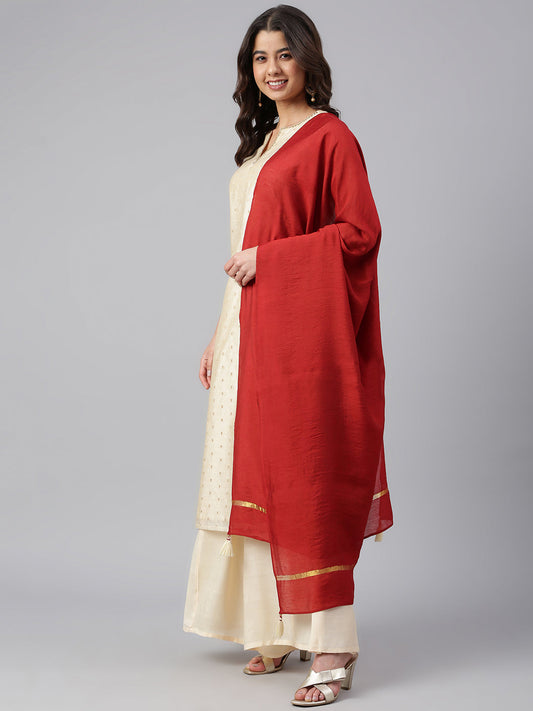 Janasya Women's Beige Chanderi Silk Woven Kurta With Palazzo And Dupatta | Swadesiicart