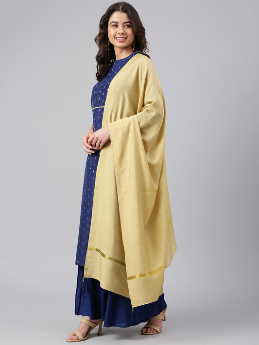 Janasya Women's Dark Blue Chanderi Silk Woven Kurta With Sharara And Dupatta | Swadesiicart