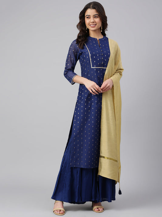 Janasya Women's Dark Blue Chanderi Silk Woven Kurta With Sharara And Dupatta | Swadesiicart