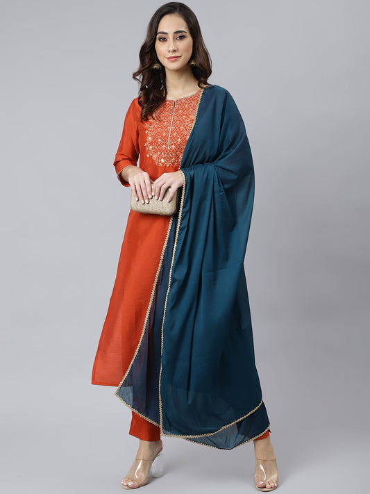 Janasya Women's Rust Orange Poly Silk Solid Kurta With Pant And Dupatta | Swadesiicart