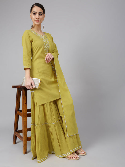 Janasya Women's Yellow Cotton Solid Kurta With Sharara And Dupatta | Swadesiicart