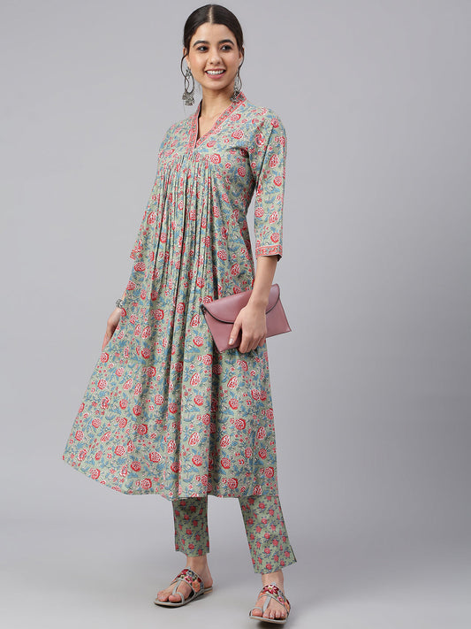 Janasya Women's Sea Green Cotton Floral Print Kurta With Pant | Swadesiicart