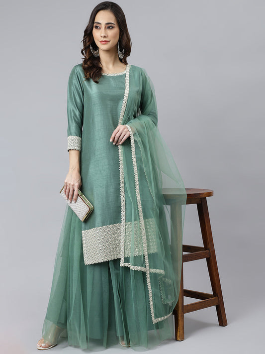 Janasya Women's Mint Green Chinon Solid Kurta With Skirt And Dupatta | Swadesiicart