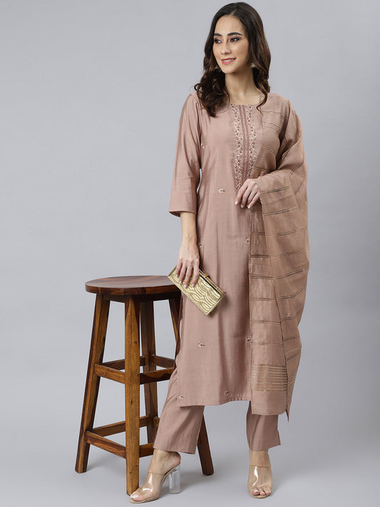 Janasya Women's Dusty Rose Viscose Blend Embroidered Kurta With Pant | Swadesiicart