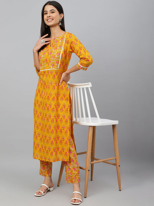 Janasya Women's Mustard Cotton Floral Print Kurta With Pant | Swadesiicart