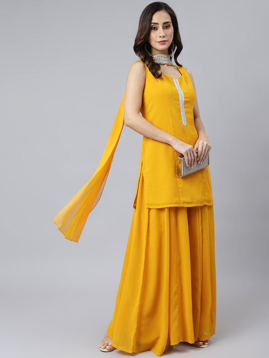 Janasya Women's Mustard Georgette Solid Kurta With Kali Palazzo And Dupatta | Swadesiicart