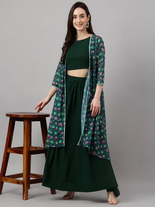 Janasya Women's Green Crepe Solid Crop Top With Skirt And Jacket | Swadesiicart