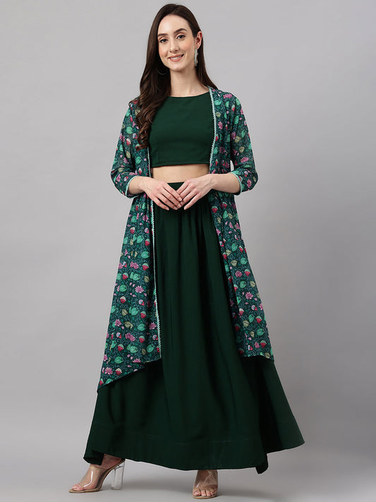 Janasya Women's Green Crepe Solid Crop Top With Skirt And Jacket | Swadesiicart