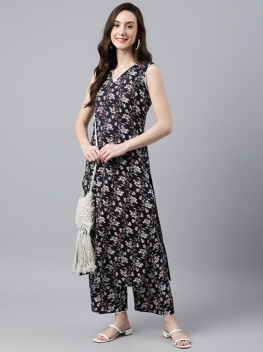 Indian Clothing Janasya Women's Black Cotton Floral Printed Straight Casual Kurta Set - Swadesiicart