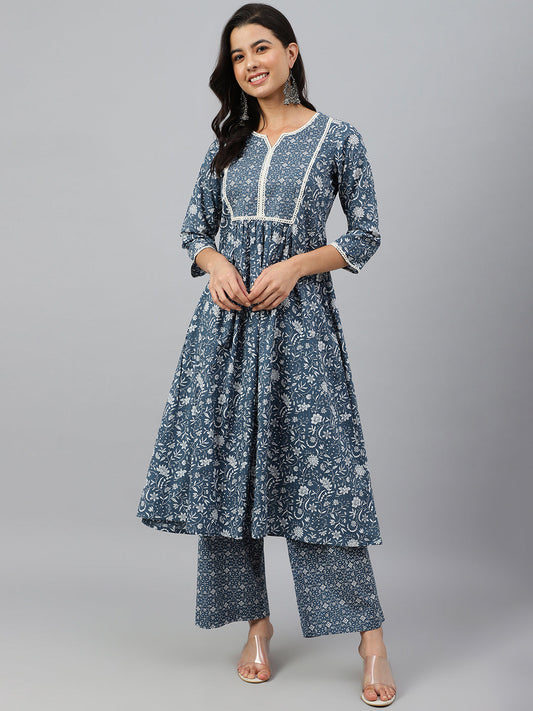 Janasya Women's Grey Cotton Floral Print Kurta With Palazzo | Swadesiicart