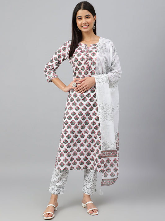 Janasya Women's White Cotton Floral Block Print Kurta With Pant And Dupatta | Swadesiicart