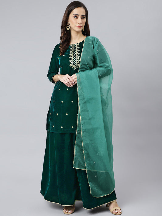 Janasya Women's Dark Green Velvet Floral Embroidery Kurta With Flared Palazzo And Dupatta | Swadesiicart