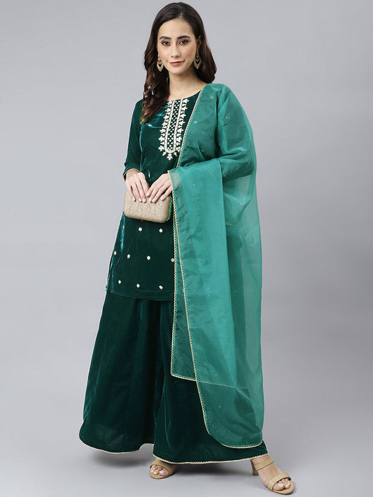 Janasya Women's Dark Green Velvet Floral Embroidery Kurta With Flared Palazzo And Dupatta | Swadesiicart