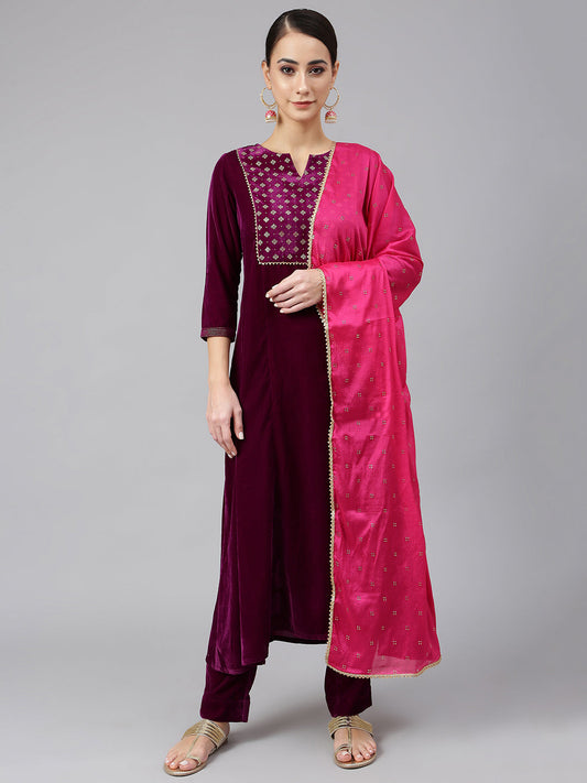 Janasya Women's Purple Velvet Solid Kurta With Pant And Dupatta | Swadesiicart