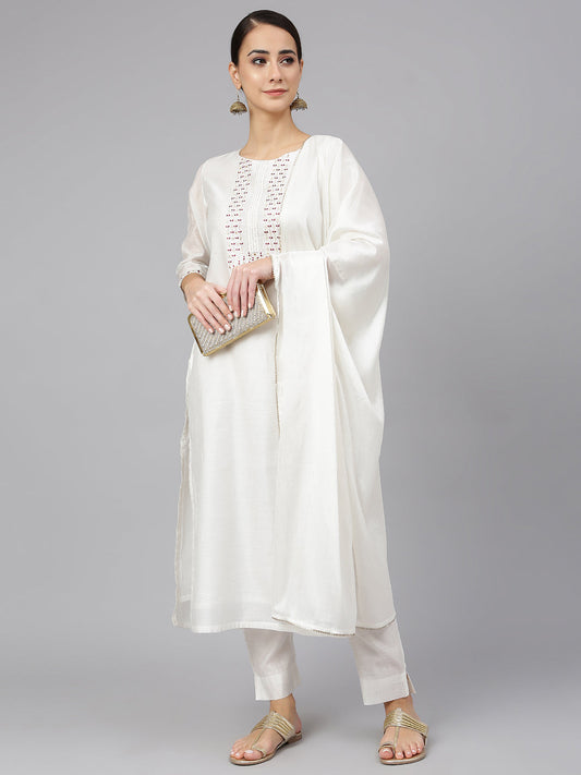 Janasya Women's White Poly Silk Solid Kurta With Pant And Dupatta | Swadesiicart