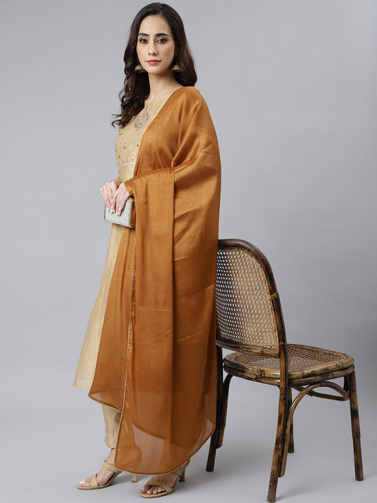Janasya Women's Beige Chanderi Silk Solid Kurta With Pant And Dupatta | Swadesiicart