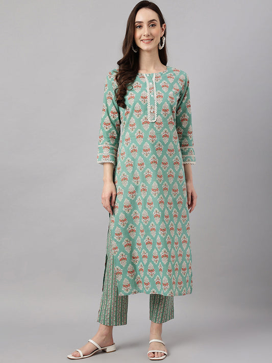 Janasya Women's Mint Green Cotton Floral Printed Straight Casual Kurta Set | Swadesiicart