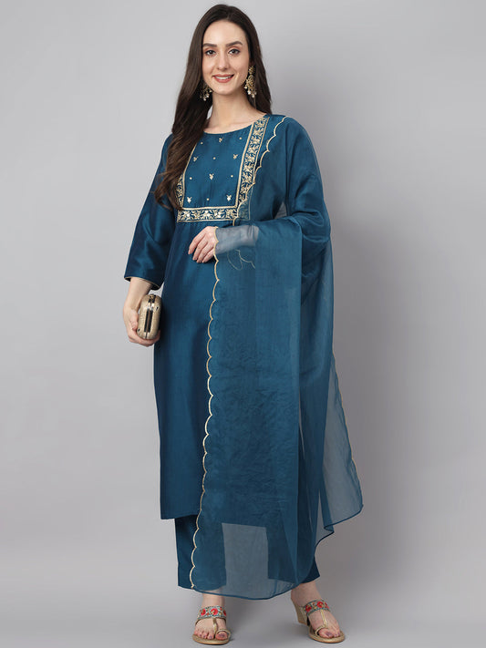 Janasya Women's Teal Chinon Solid Straight Festive Kurta Set | Swadesiicart