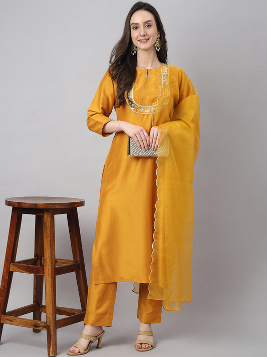 Janasya Women's Mustard Chinon Solid Straight Festive Kurta Set | Swadesiicart