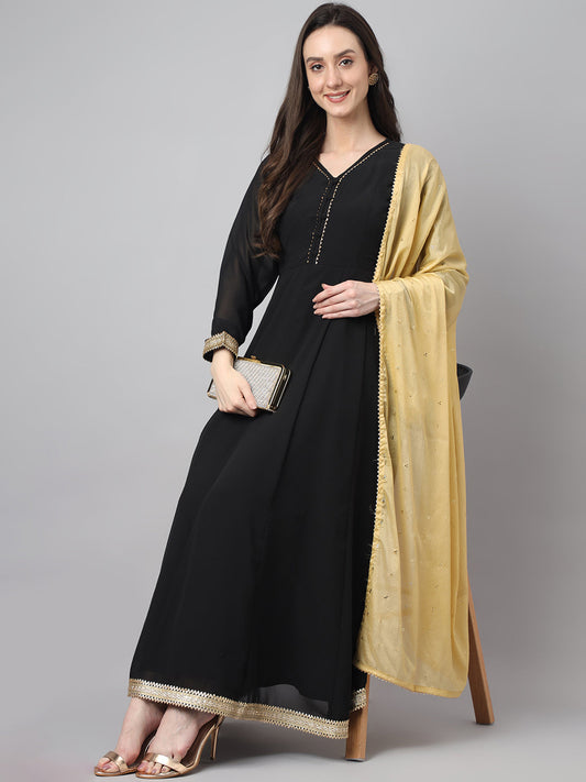 Janasya Women's Black Georgette Solid Anarkali Festive Kurta Set | Swadesiicart