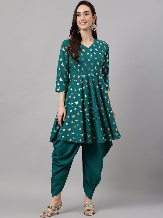 Janasya Women's Peacock Green Crepe Foil Printed Flared Party Kurta Set | Swadesiicart