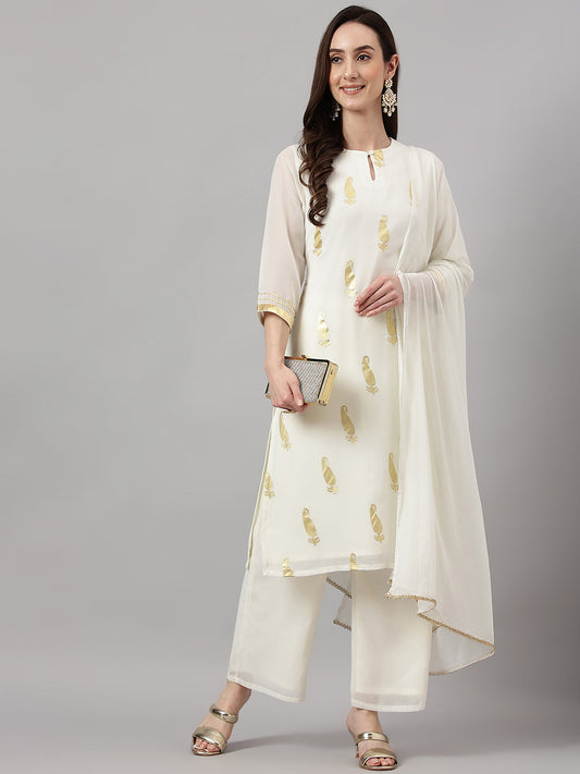 Janasya Women's Off White Georgette Foil Printed Straight Festive Kurta Set | Swadesiicart