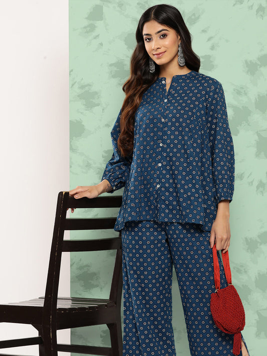 Janasya Women's Blue Cotton Floral Printed Gathered Casual Top Set | Swadesiicart