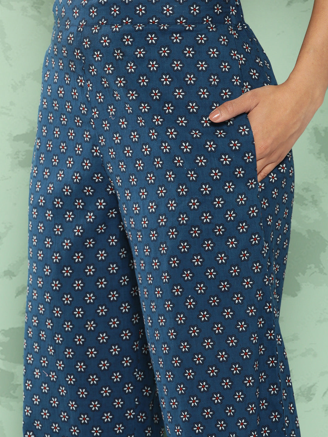 Janasya Women's Blue Cotton Floral Printed Gathered Casual Top Set | Swadesiicart