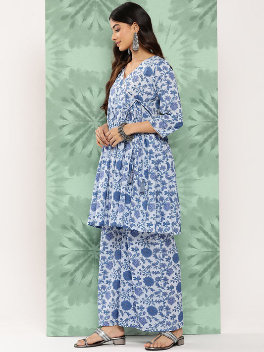 Janasya Women's Light Blue Cotton Botanical Printed Flared Party Tunic Set - Swadesiicart