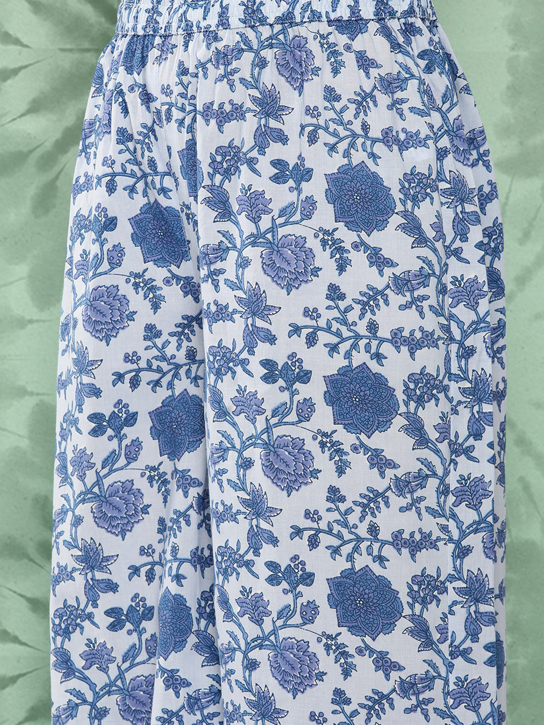 Janasya Women's Light Blue Cotton Botanical Printed Flared Party Tunic Set - Swadesiicart