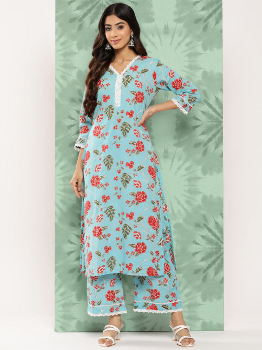 Janasya Women's Sky Blue Cotton Floral Printed Straight Casual Kurta Set | Swadesiicart