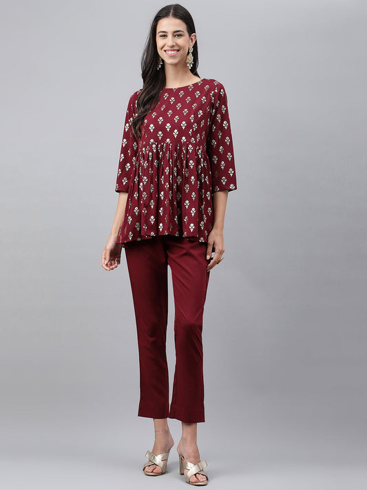 Janasya Women's Wine Crepe Foil Printed Flared Festive Top Set | Swadesiicart